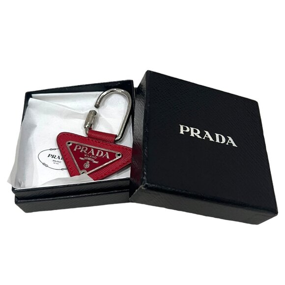 PRADA: Silver Metal & Red Saffiano Leather/Enamel Logo Bag Charm/Keychain #1550 - Picture 1 of 5